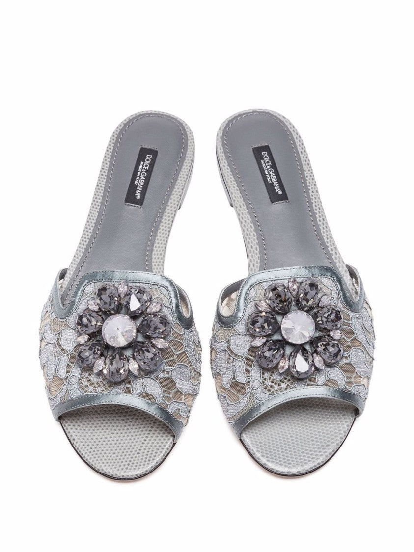 Dolce & Gabbana Open-Toe Sandals With Floral Lace Overlay And Jewel Embellishment