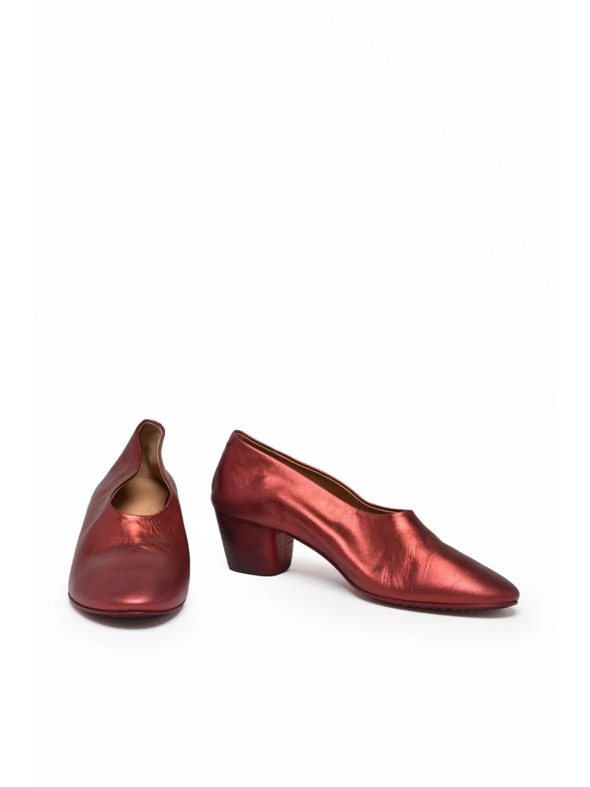 Marsèll Red Metallic Sheen Low Block Heel Leather Pumps