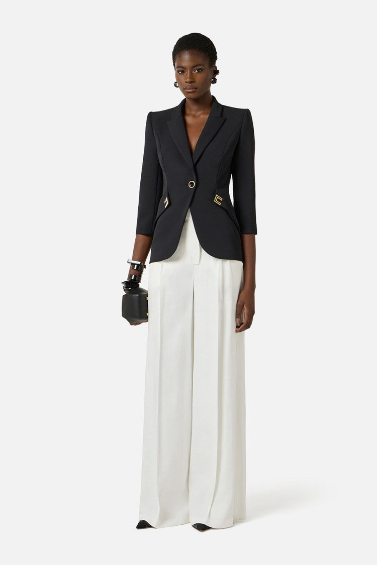 Elisabetta Franchi Black Single-Breasted Gold Ring-Button Polyester-Blend Blazer