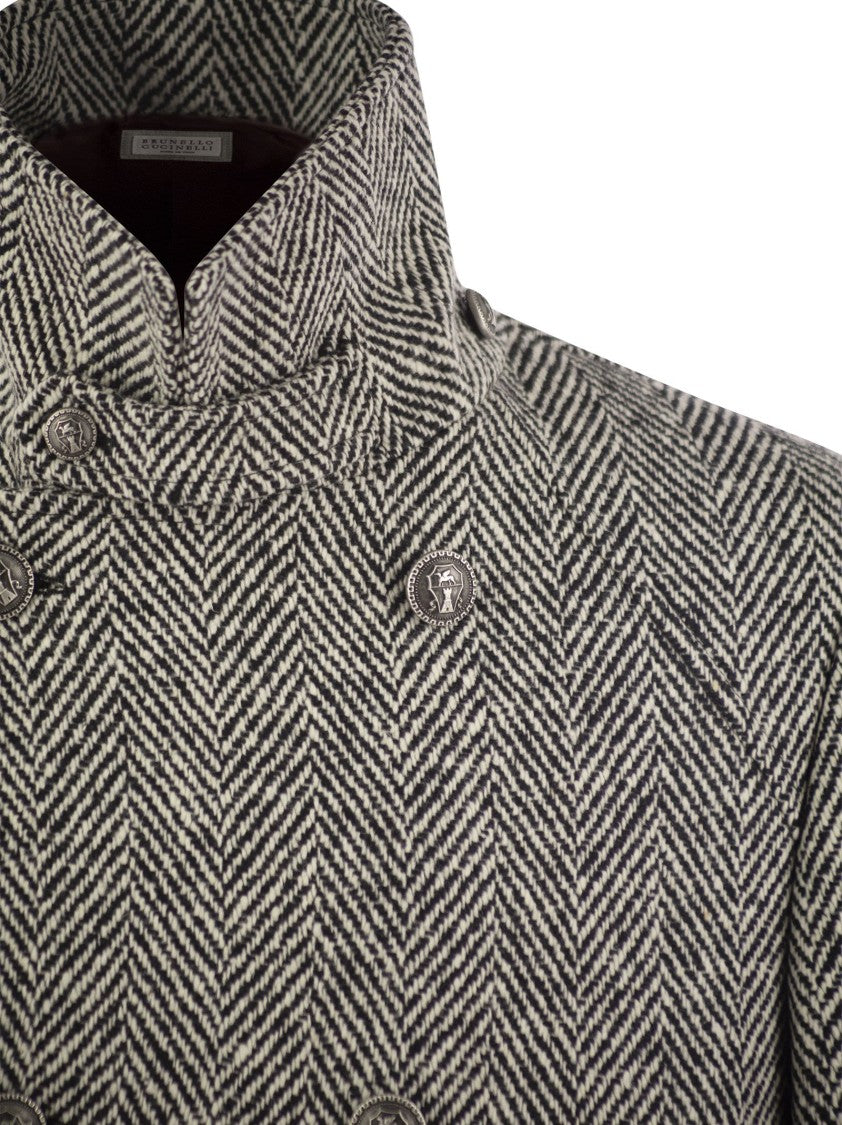 Brunello Cucinelli One-And-A-Half-Breasted Coat In Herringbone Virgin Wool