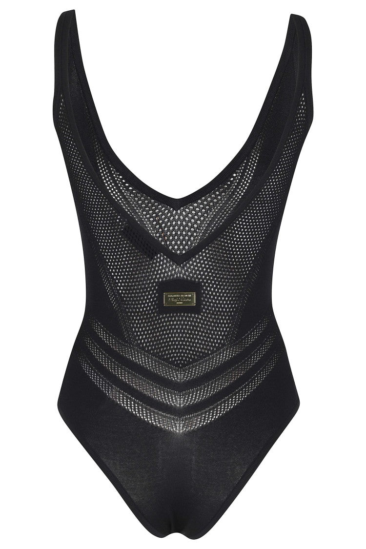 Elisabetta Franchi Black Body Tricot Geometric Viscose-Blend Bodysuit