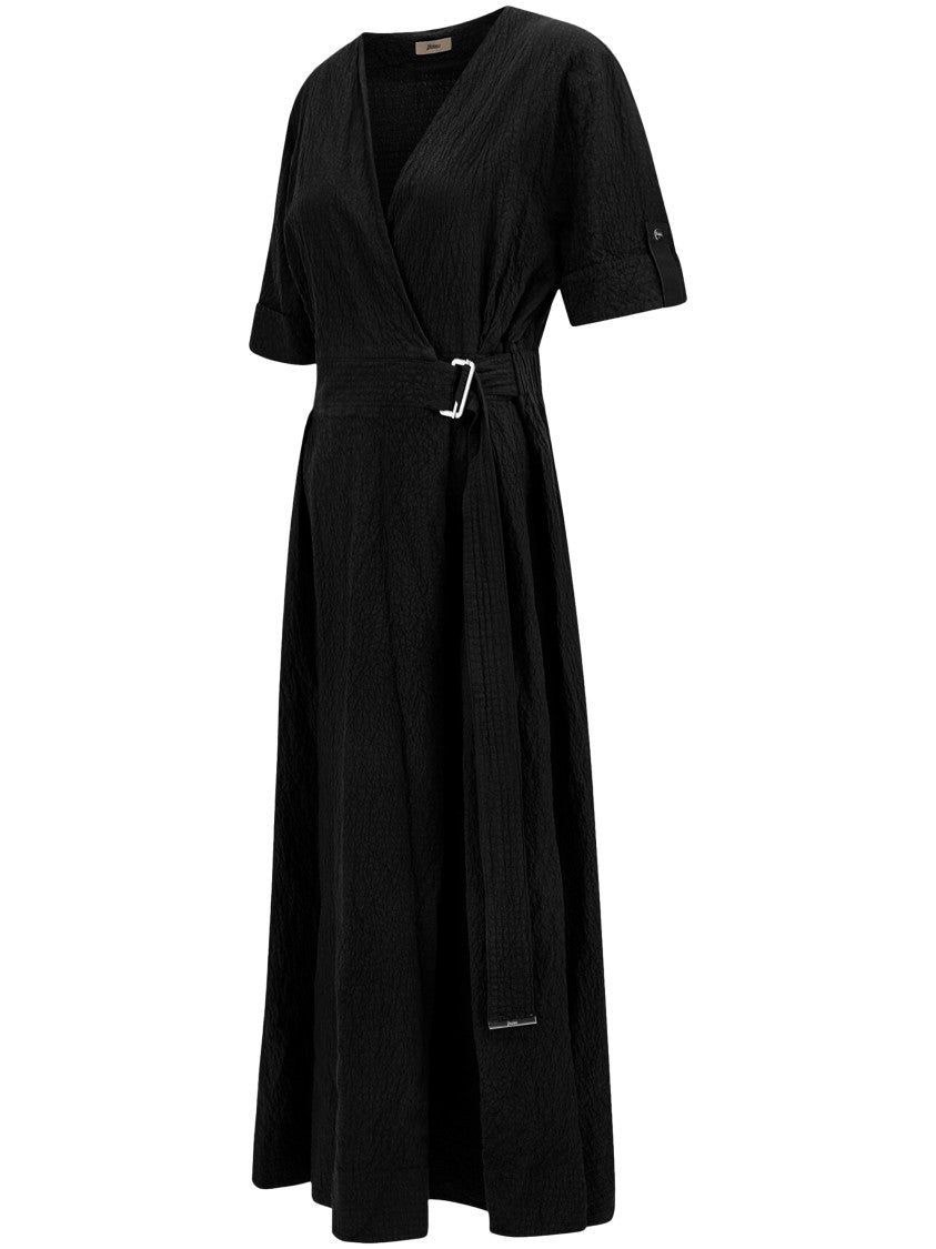 Herno Textured Black Wrap Dress With Belted Waist