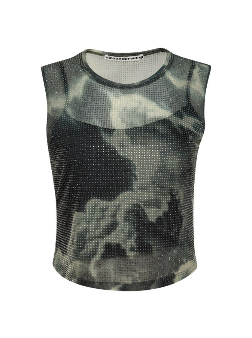 Alexander Wang Crystal Hotfix Organza Jersey Tank Top Cloud-Print