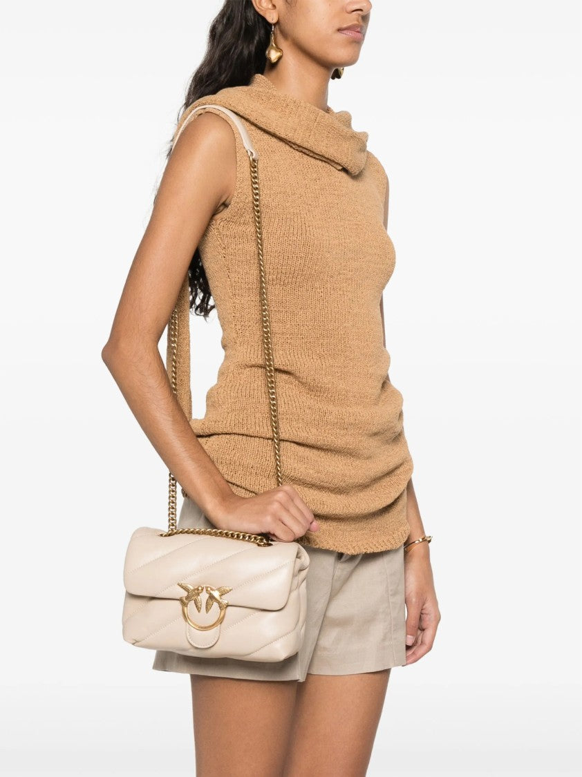 Pinko Quilted Beige Bag With Gold-Tone Embellishment And Chain Strap