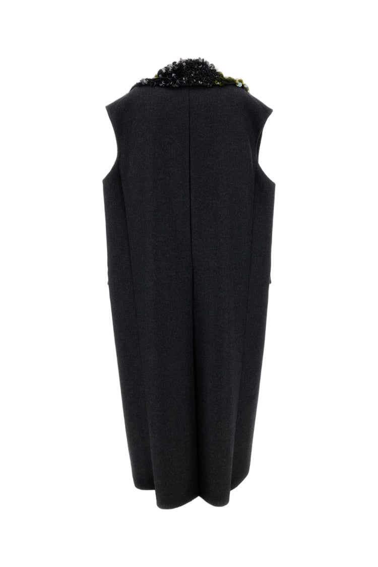 Plan C Melange Grey Sequin Collar Long Wool Vest