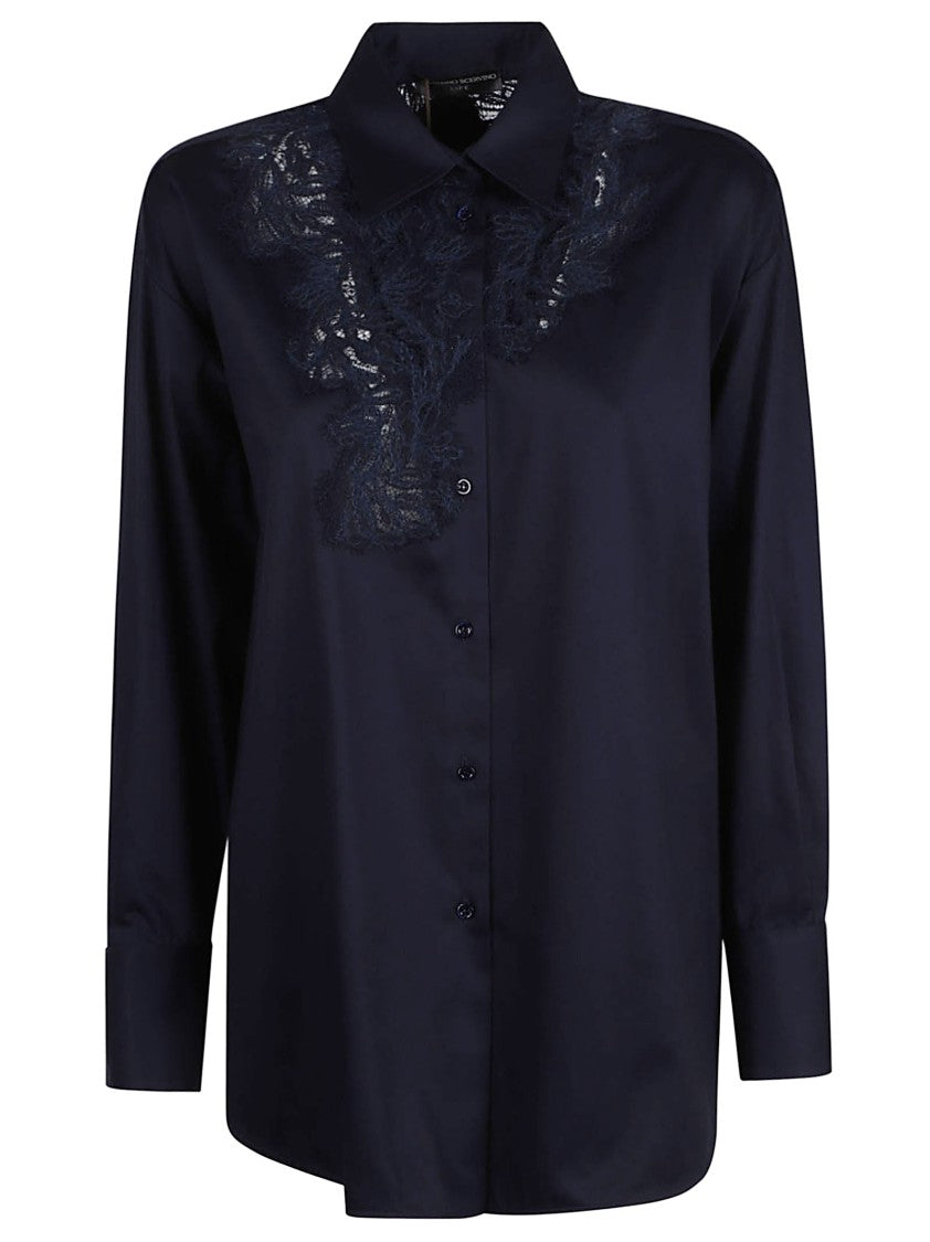 Ermanno Scervino Lace Accent Black Shirt With Classic Collar