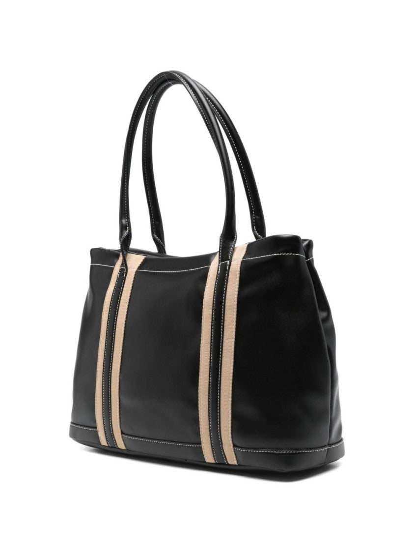 Love Moschino Sleek Black Tote Bag With Beige Stripes And Embossed Detail
