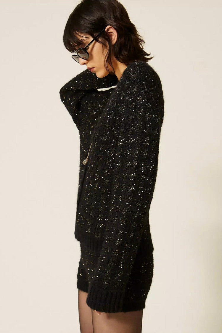 Twin-Set Black Sparkle-Fleck V-Neck Polyester-Blend Cardigan