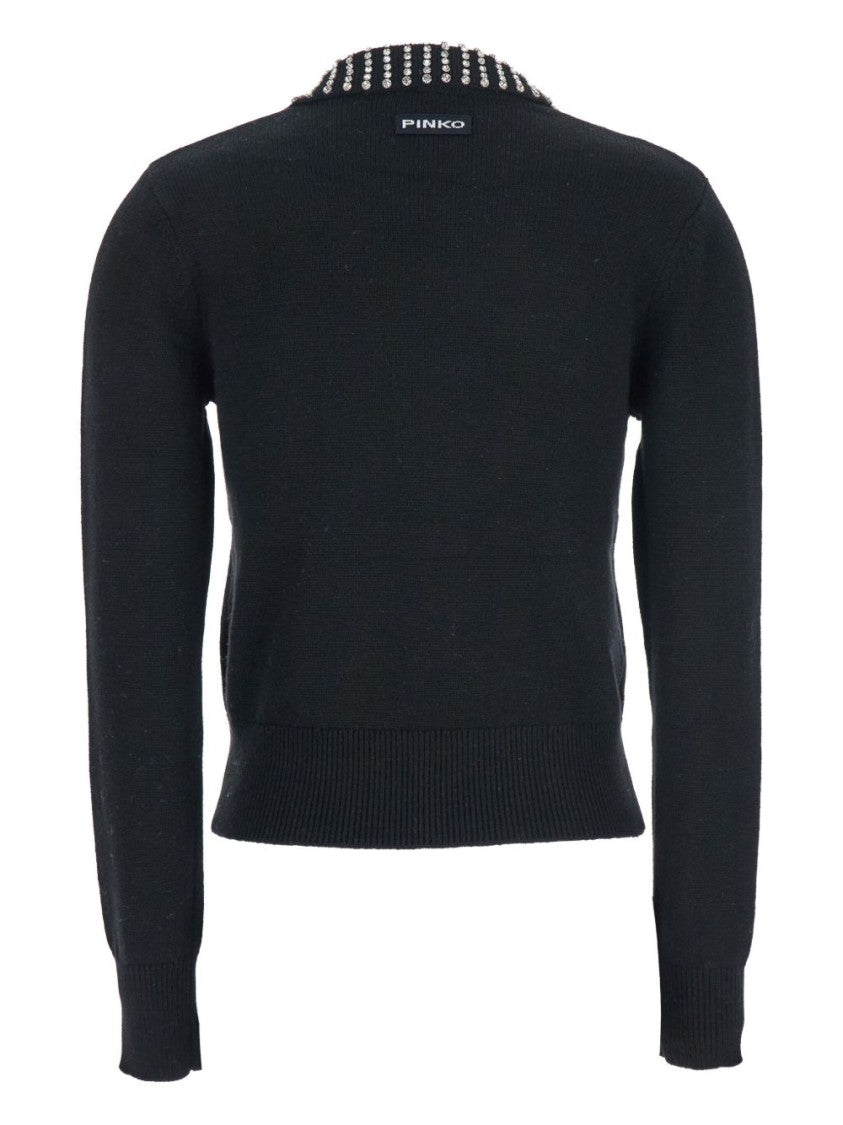 Pinko Classic Black Sweater With Embellished Collar And Ribbed Hem