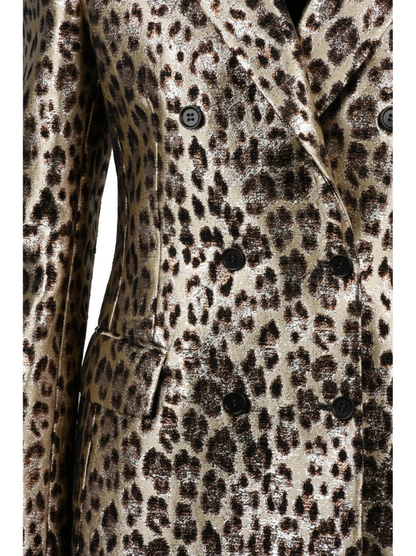 P.A.R.O.S.H. Metallic Lamé Double-Breasted Jacket With Leopard Print Design