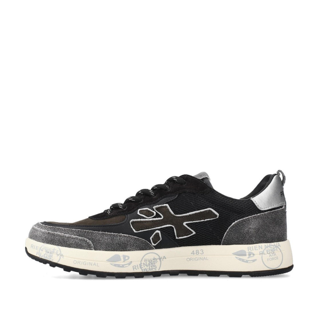 Premiata Nous Sneakers In Grey Crackle-Effect Leather, Brown Nubuck