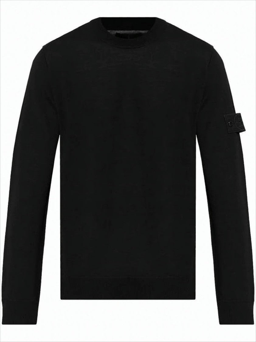 Stone Island Crew Neck Black Wool Sweater With Distinctive Patch Detail