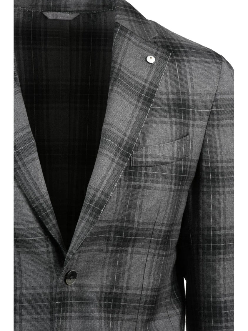 L.B.M. 1911 Grey Plaid Wool Blazer With Notch Lapels And Tailored Fit