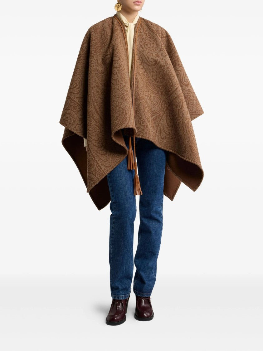 Etro Brown Paisley Pattern Cape With Leather Trim