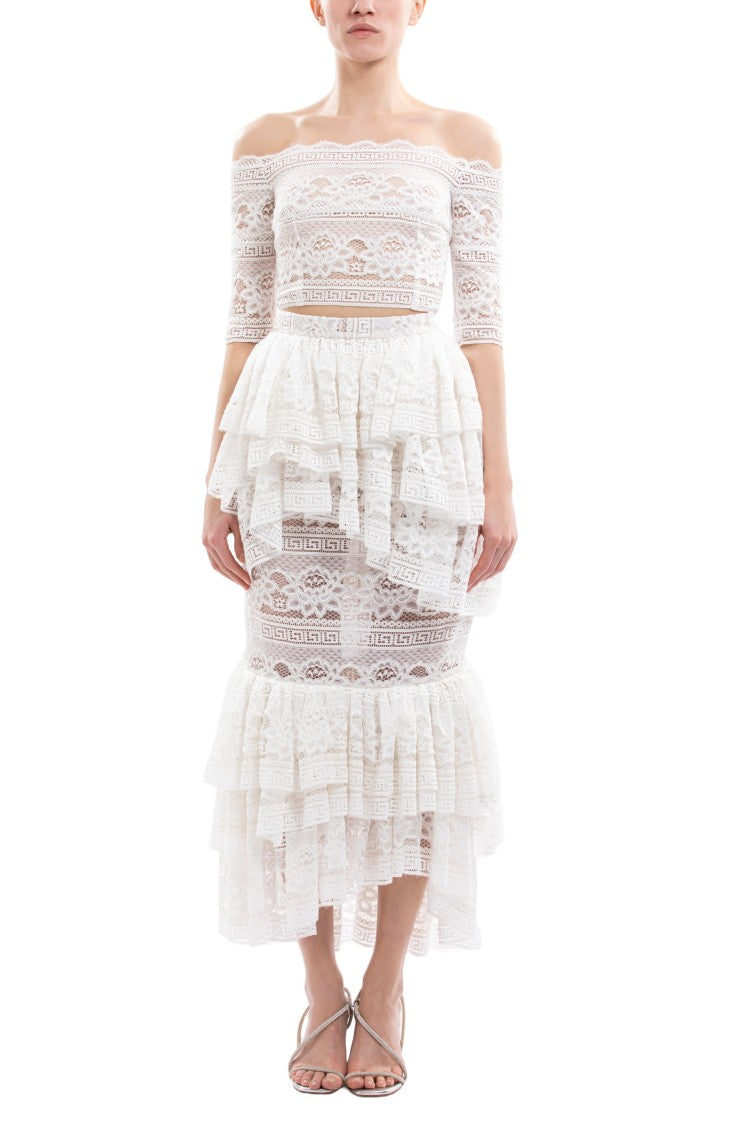 Saiid Kobeisy Off-White Lace Top With Ruffled Midi Skirt