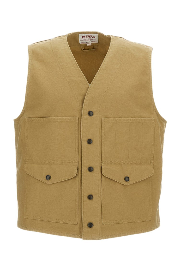 Filson Boxy Cotton Vest With Utility Pockets And Snap Closure