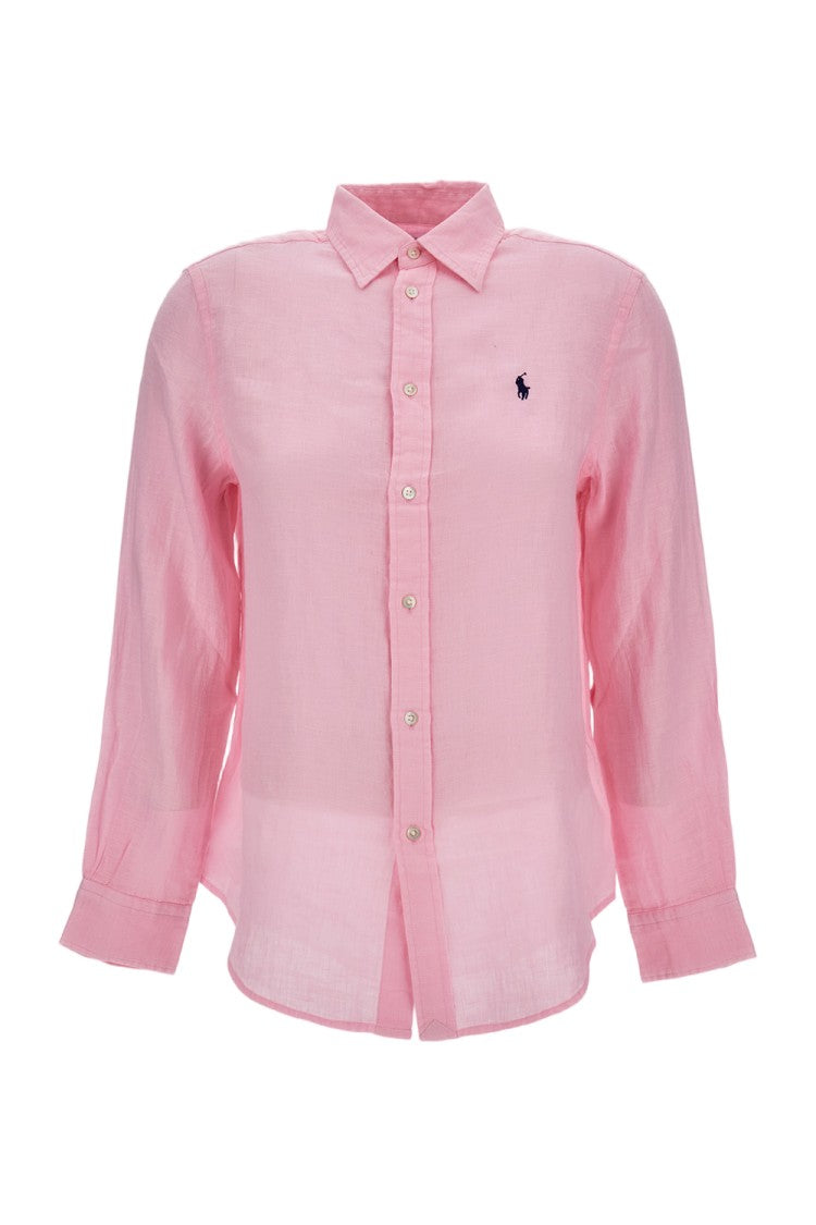 Polo Ralph Lauren Pink Linen Long-Sleeved Shirt With Embroidered Logo