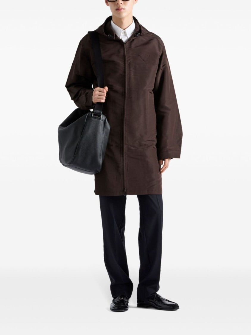 Prada Mid-Thigh Brown Zip-Up Coat With Hood And Subtle Branding