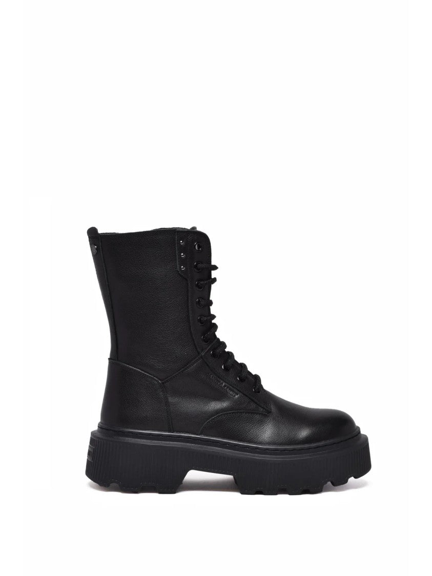 Janet & Janet Black Leather Zip Combat Boots