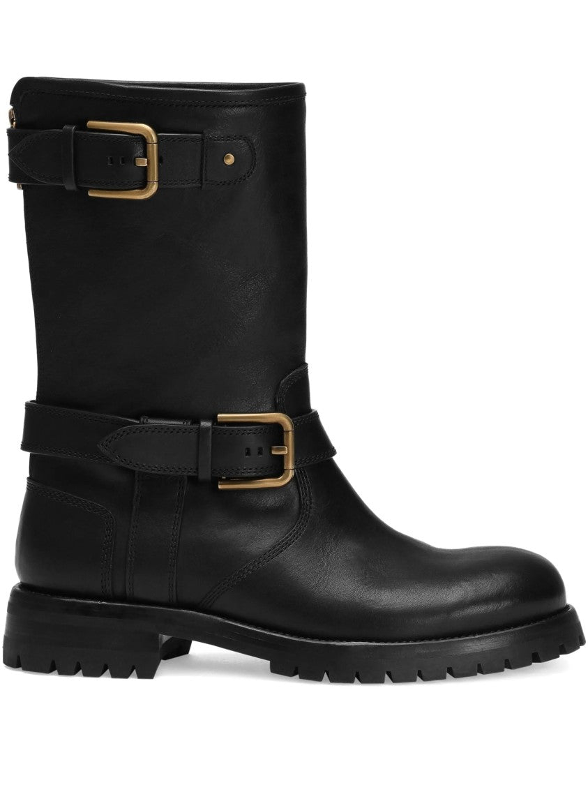 Dolce & Gabbana Black Biker Leather Gold Buckle Boots