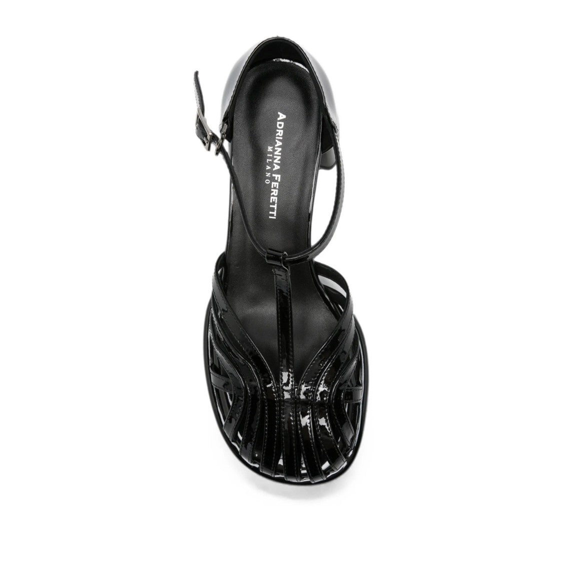 Adrianna Feretti Black Mid-Height Block Heel T-Strap Patent Sandals
