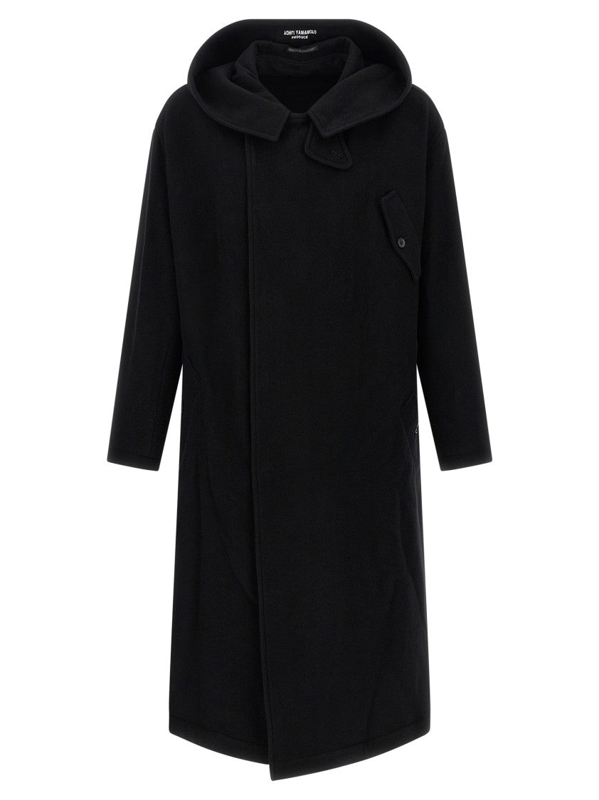 Yohji Yamamoto Hooded Wool Coat With Snap Button Closure