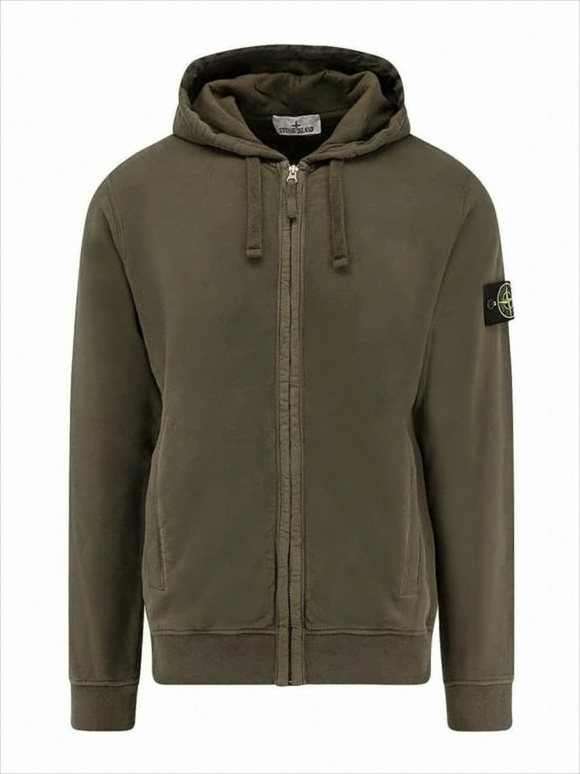 Stone Island Olive Green Full-Zip Hoodie With Adjustable Drawstring