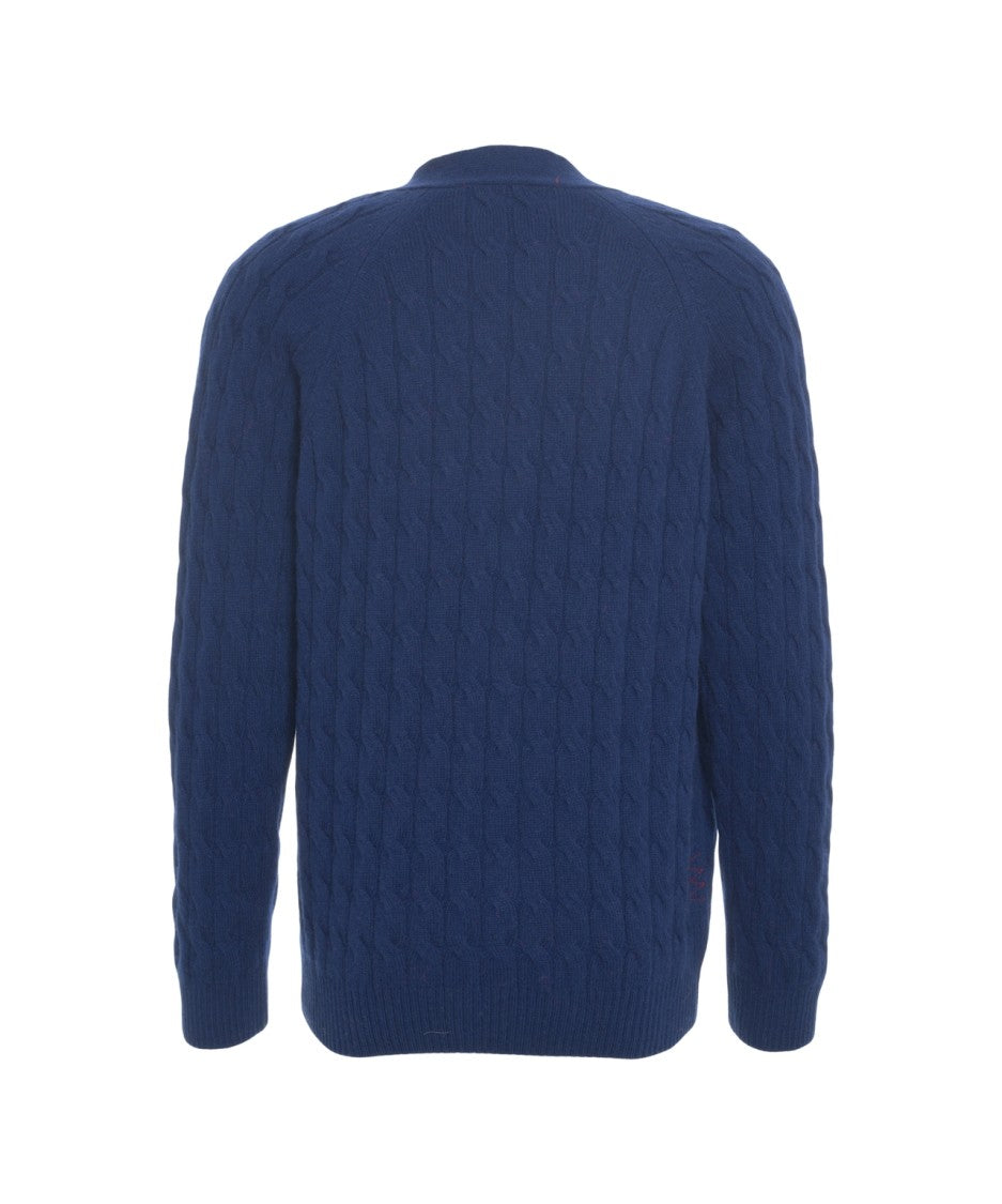 Amaranto Classic Blue Cable Knit Cardigan With V-Neck And Button Closure