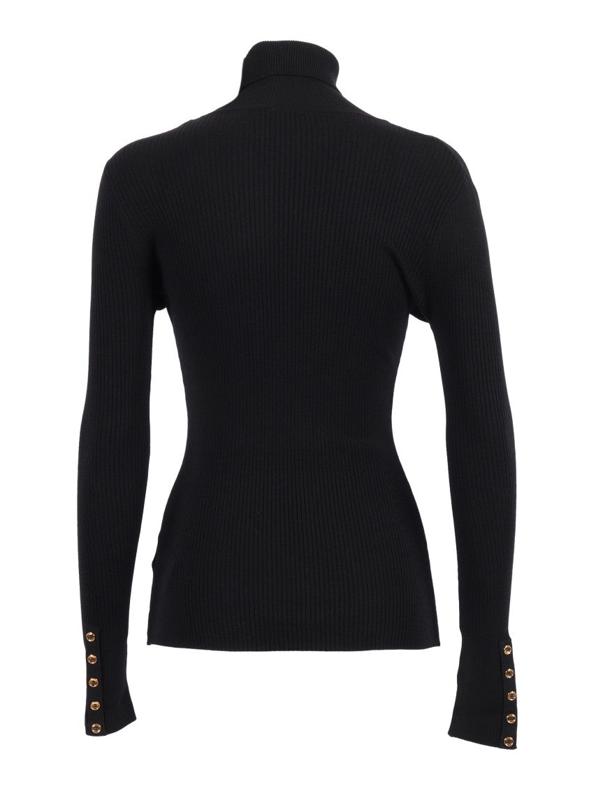 Elisabetta Franchi Fitted Turtleneck Top With Ribbed Texture And Gold Accents