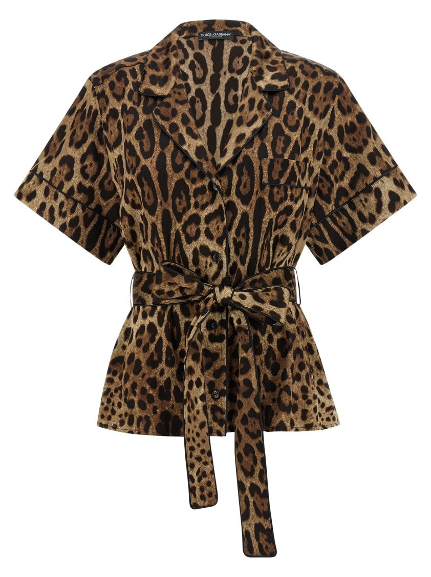 Dolce & Gabbana Silk Leopard Print Shirt With Waist Belt And Black Piping