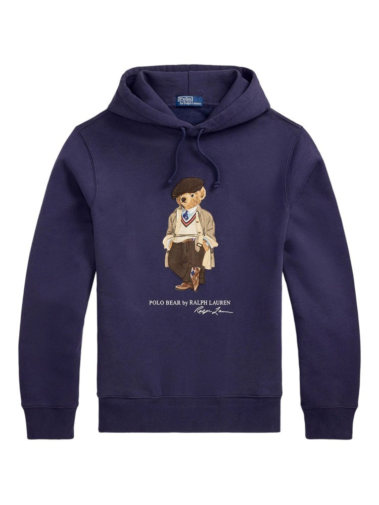 Polo Ralph Lauren Deep Blue Hooded Sweatshirt With Bear Graphic And Ribbed Details
