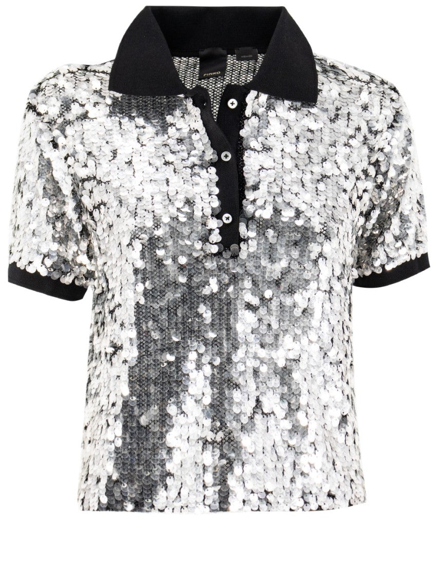 Pinko Transparent Black Polo Shirt With Sequin Embroidery