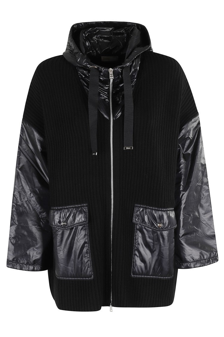 Herno Ribbed Wool Cape With Drawstring Hood