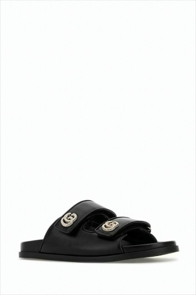 Gucci Flat Black Leather And Canvas Sandal