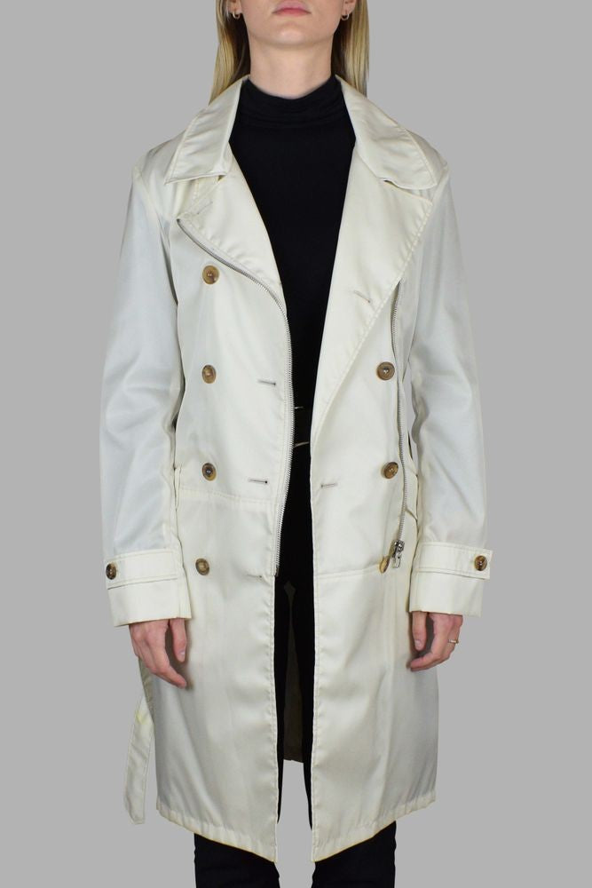 Prada Double-Breasted Off-White Nylon Coat With Adjustable Belt