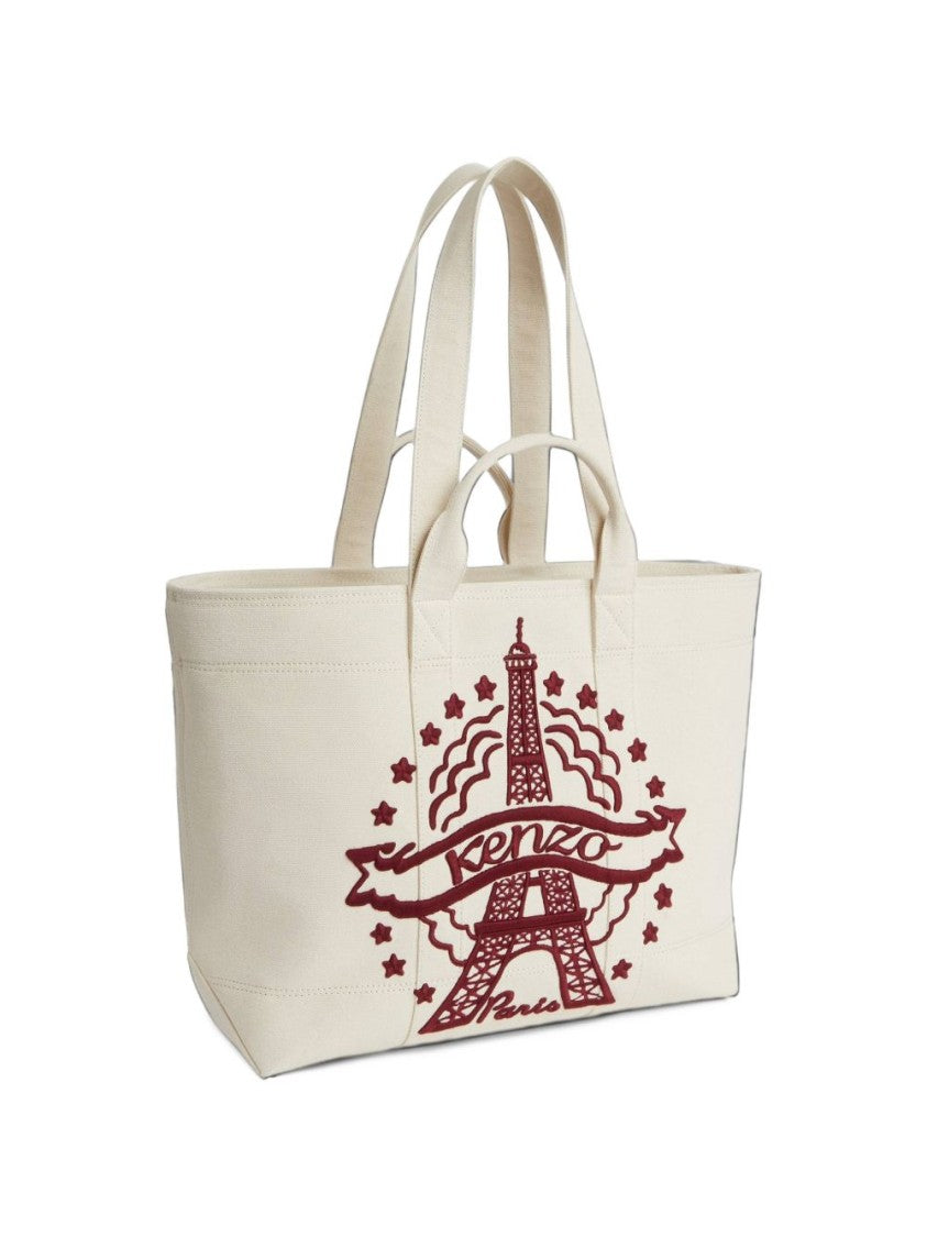 Kenzo Spacious Cotton Tote Bag With Eiffel Tower Embroidery