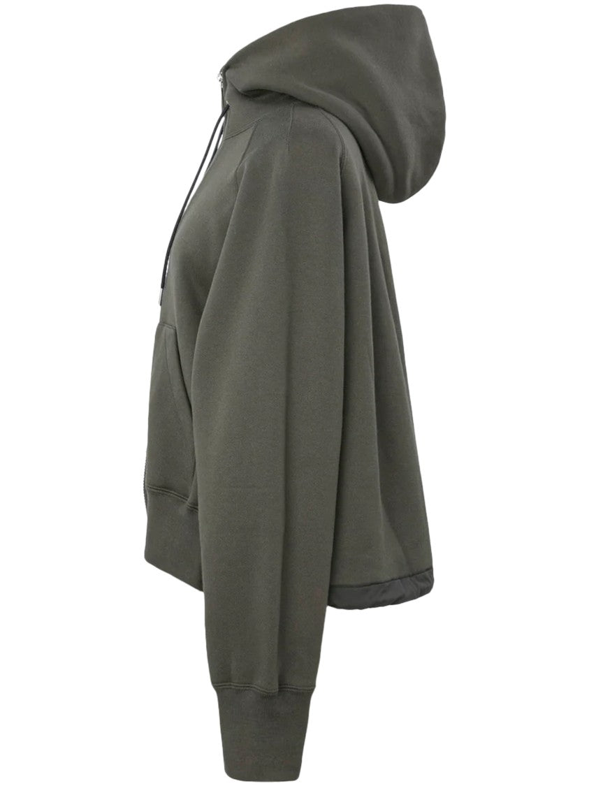 Sacai Cropped Boxy Hooded Sweatshirt With Front Zipper And Ribbed Detail