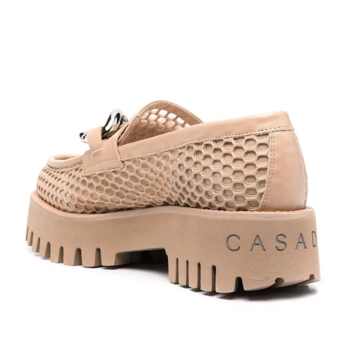 Casadei Beige Trappeur Honeycomb Pattern Silver Chain Loafers