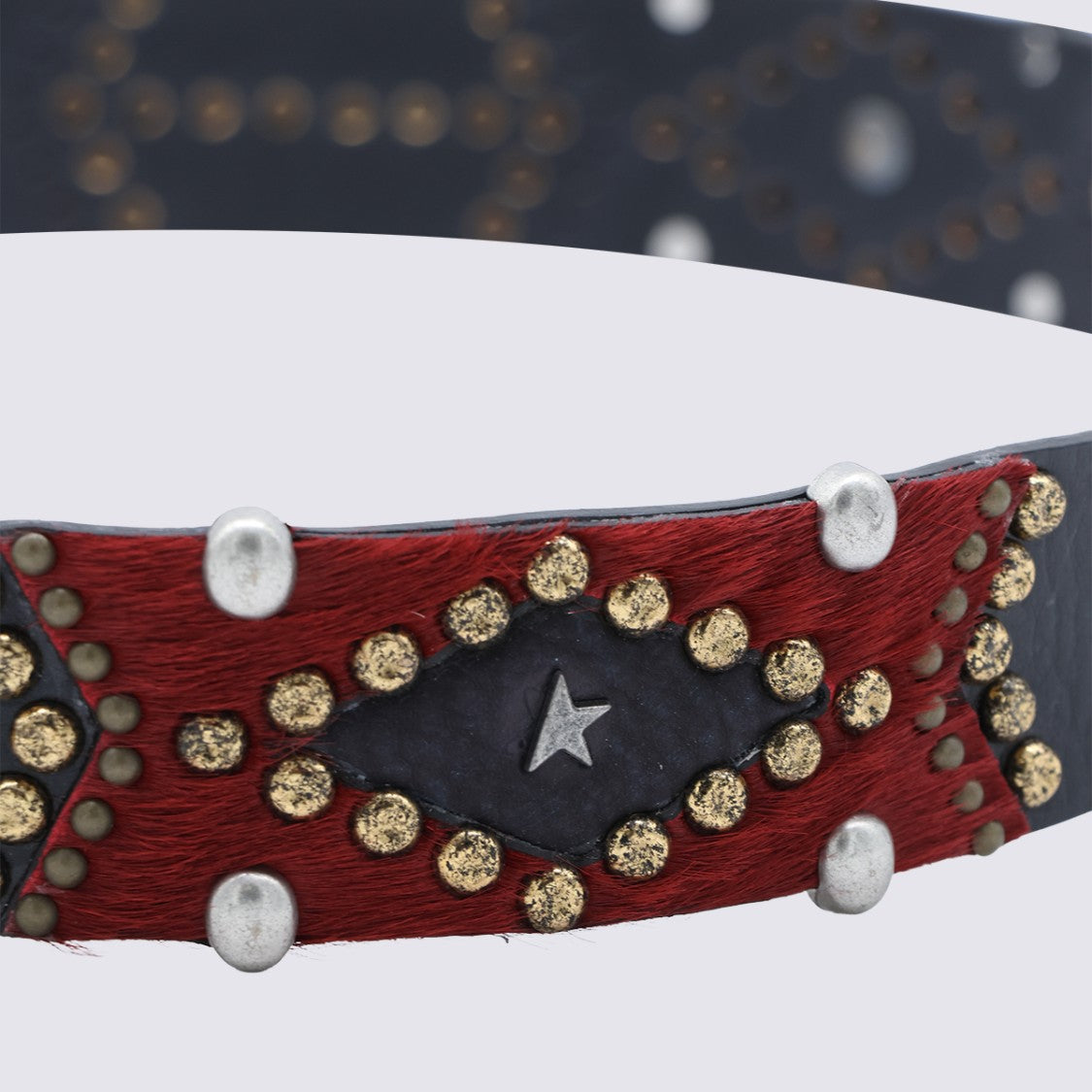 Golden Goose Black Belt With Silver Buckle And Studded Patches