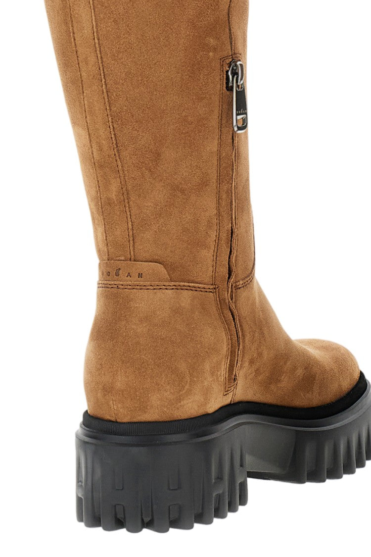 Hogan Mid-Calf Wood Brown Suede H700 Boots With Rubber Platform Sole