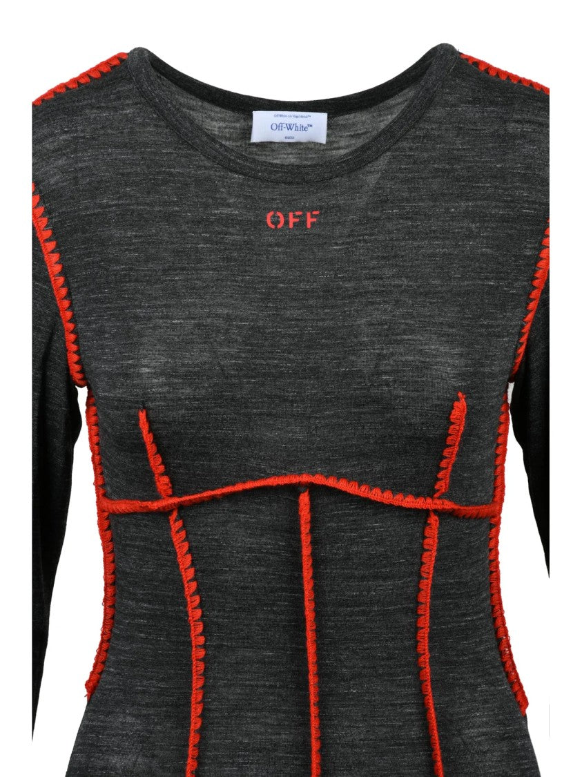 Off-White Fitted Knit Midi Dress With Contrast Stitching