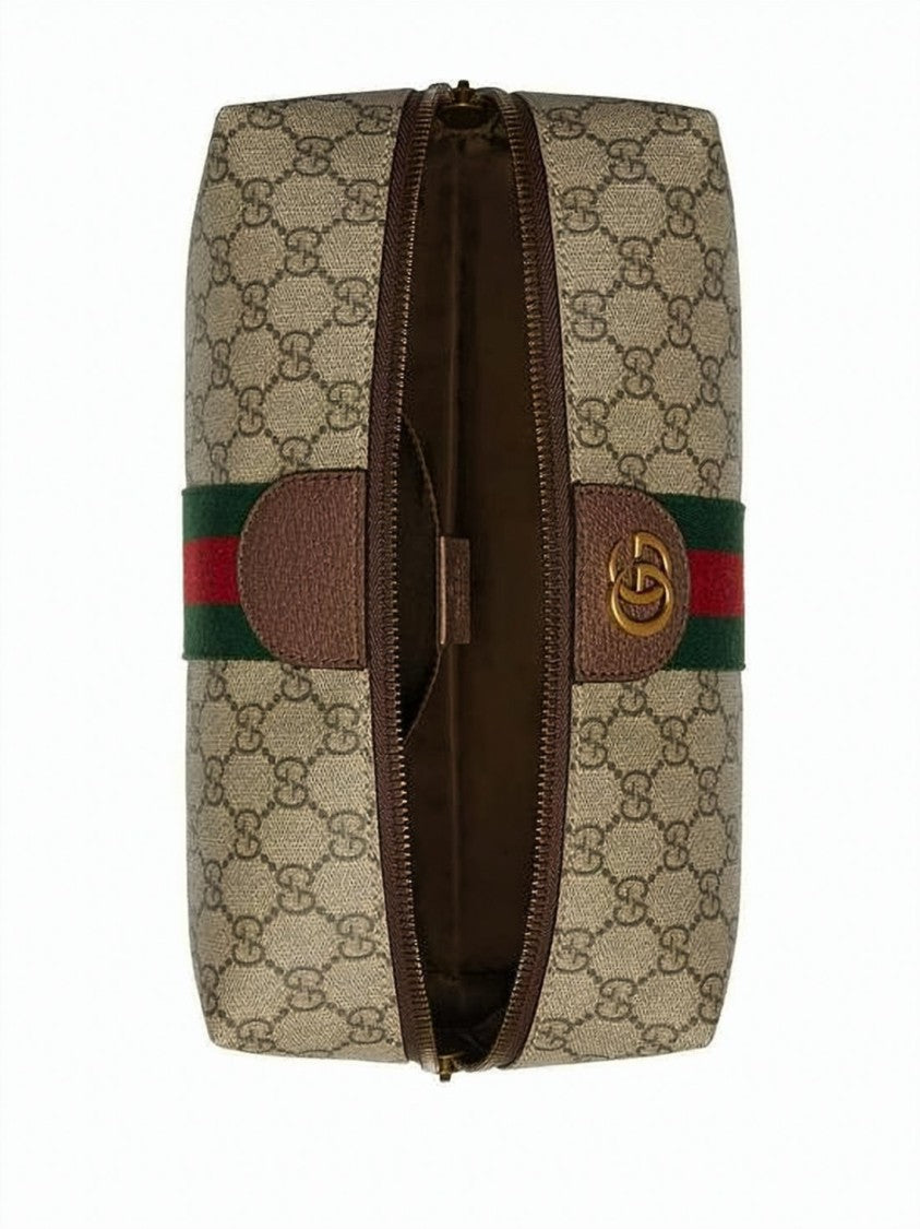 Gucci Beige Canvas Gg Monogram Cosmetic Case With Leather Trim