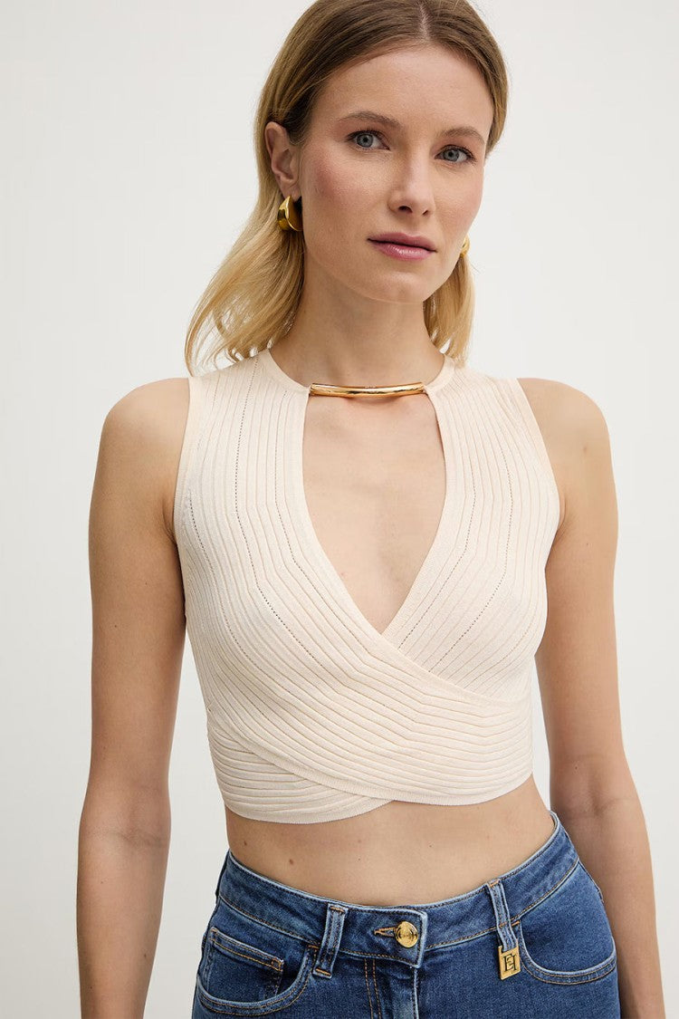 Elisabetta Franchi Ivory Wrap-Front Gold Bar Keyhole Viscose-Blend Tank Top
