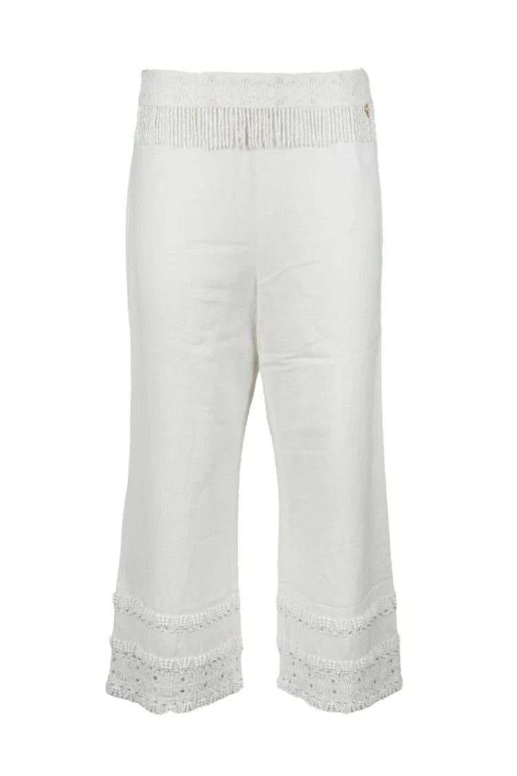 Twin-Set Cropped White Trousers With Fringe And Lace Detailing