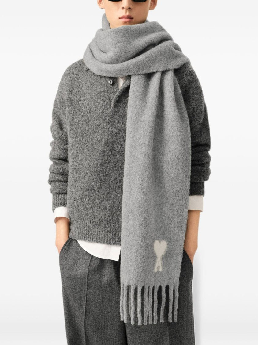 Ami Paris Grey Heart Motif Fringed Silk-Nylon Scarf