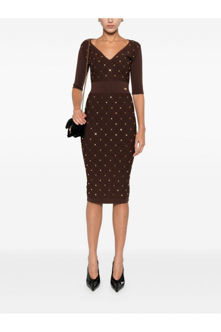 Elisabetta Franchi Brown Gold-Stud Geometric Embellished Viscose-Blend Midi Dress