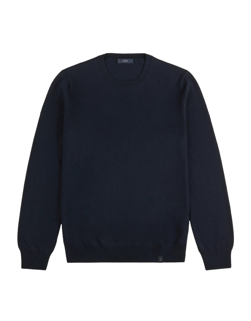 Fay Refined Crew Neck Sweater In Deep Navy Wool