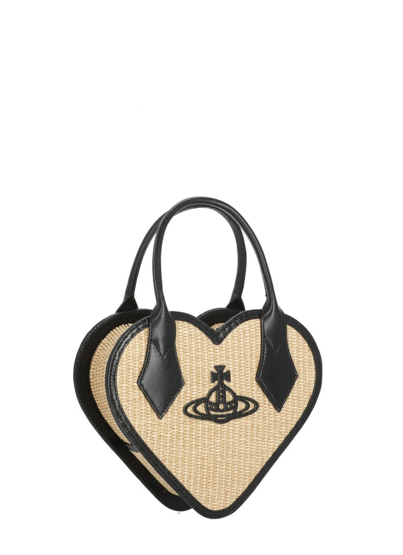 Vivienne Westwood Heart-Shaped Raffia Handbag With Leather Trim And Zip Fastening