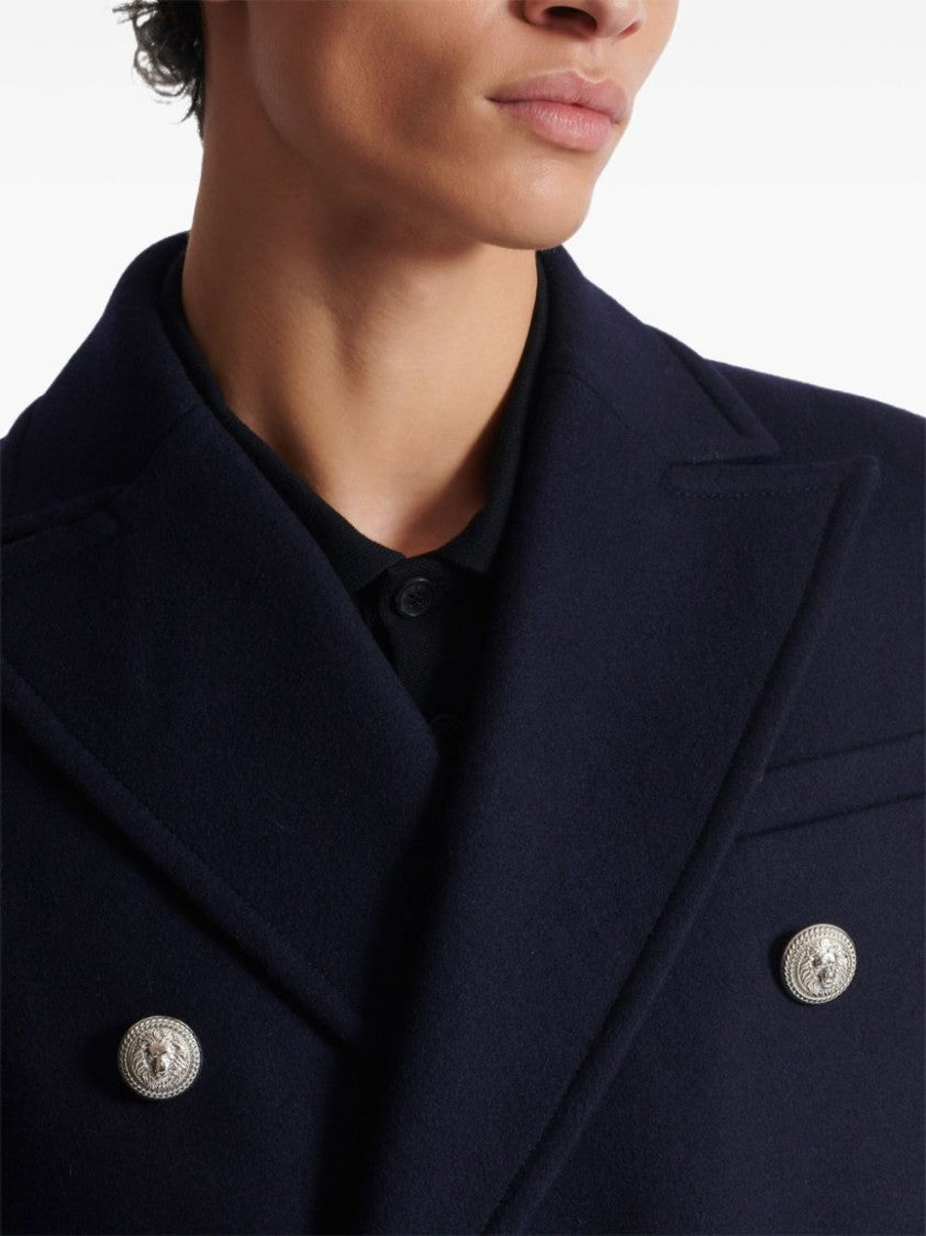Balmain Navy Blue Virgin Wool Blend Double-Breasted Coat