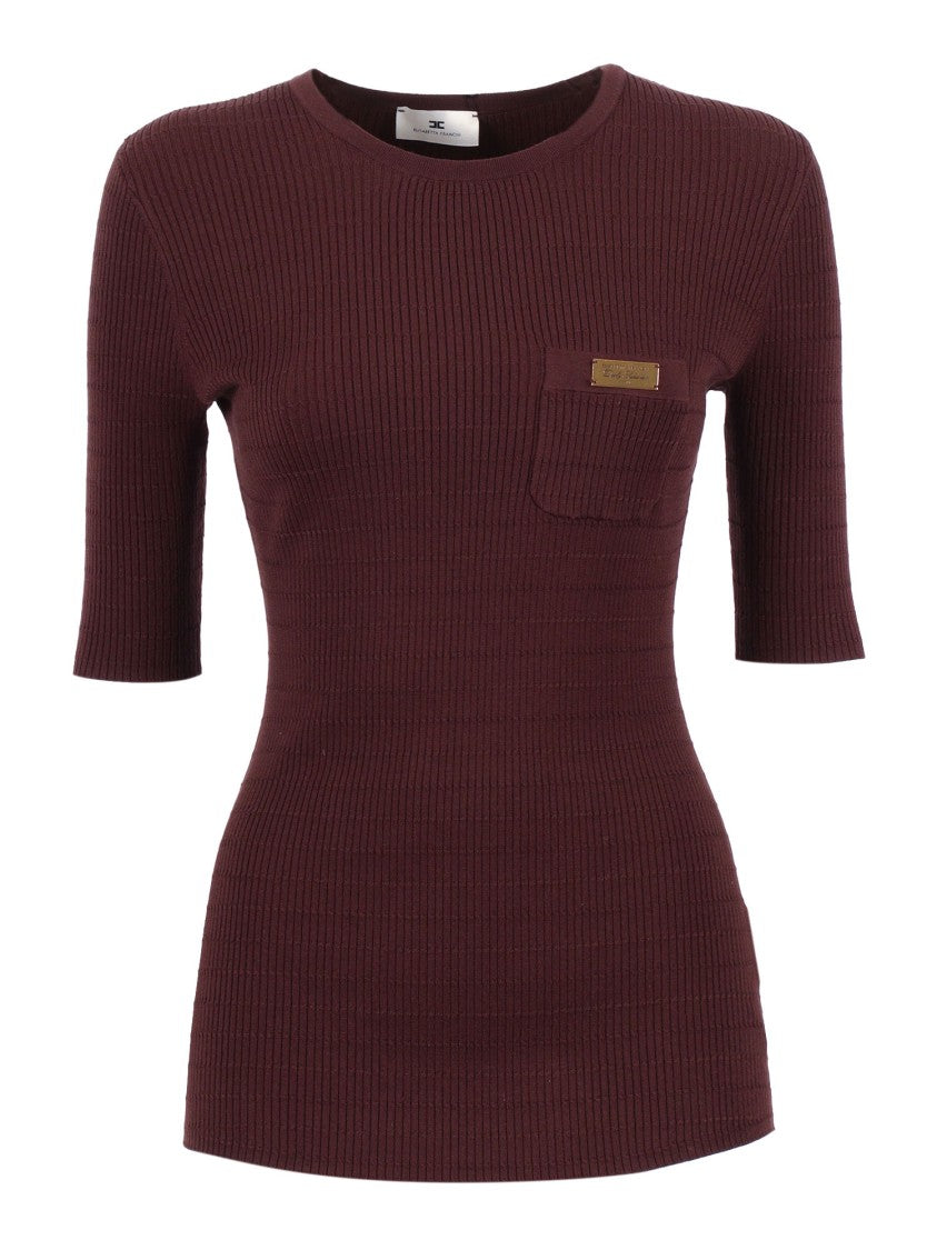 Elisabetta Franchi Burgundy Tricot Ribbed Knit Top